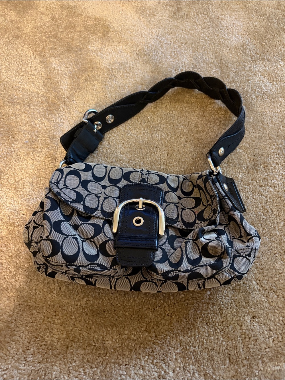 Coach Monogram Canvas Shoulder Bag in Navy and Khaki